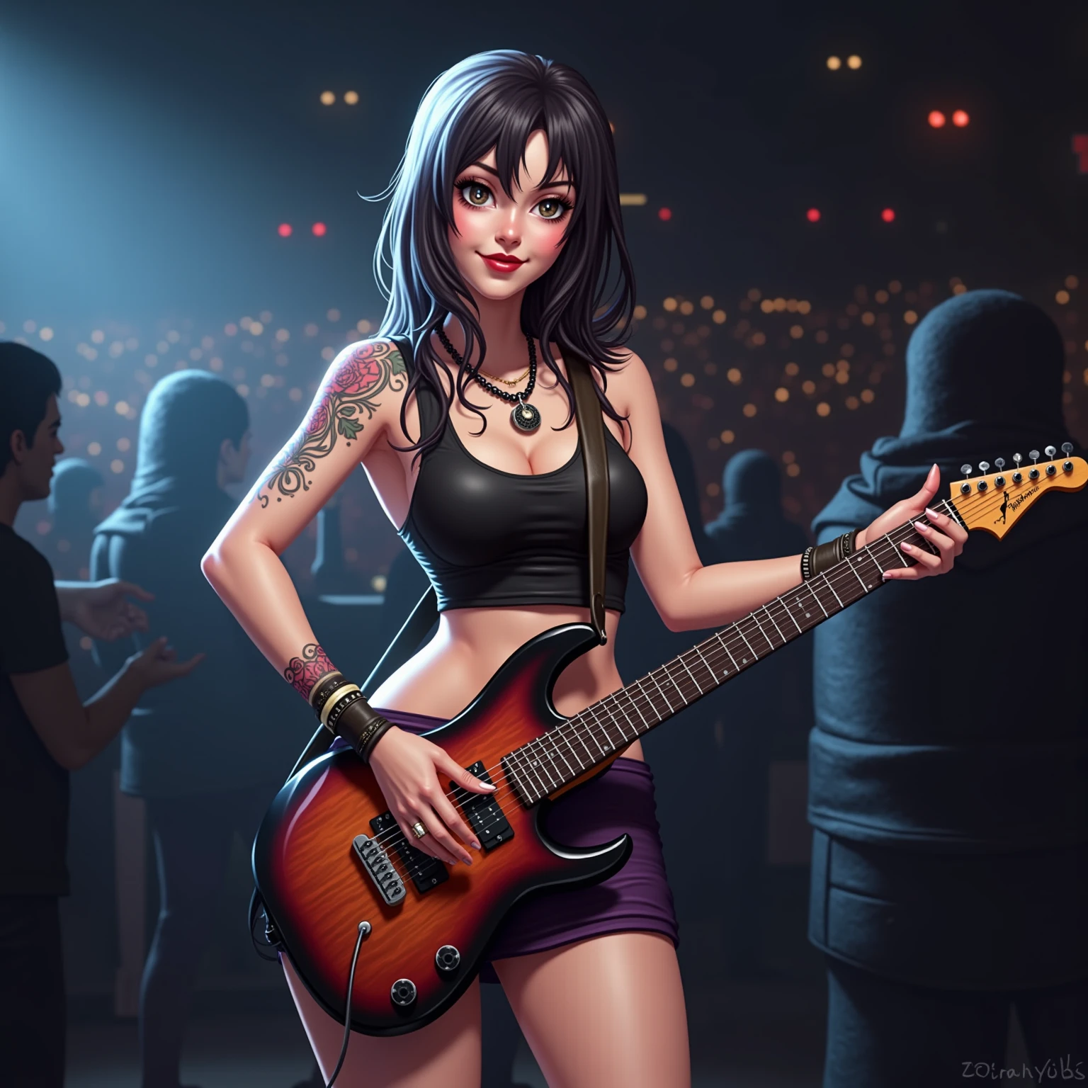 (Realisttic:1.2), analog photo style, (cute Tifa Lockhart, playing  guitar), detailed face and eyes, best quality textures, punk style, leather skirt, tattoo on left shoulder, headphones, cinematic lighting, cgi, colored bob hair, perfect anatomy, in concert, hairshakes, great dinamic photo, great quality, Masterpiece, intricate steam body, rock'n'roll  aesthetic, 16k quality, analog photo style, RAW photo