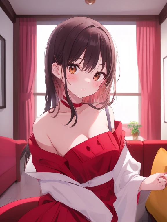 masterpiece、top-quality、25 year old woman with light chestnut hair and long purple eyes、(red off shoulder blouse:1.3)、Cleavage is visible、(A shy and gentle smile:1.3)、(Staring:1.5)、The background is a luxury party venue、Bold composition、Upper body is shown、Alone、