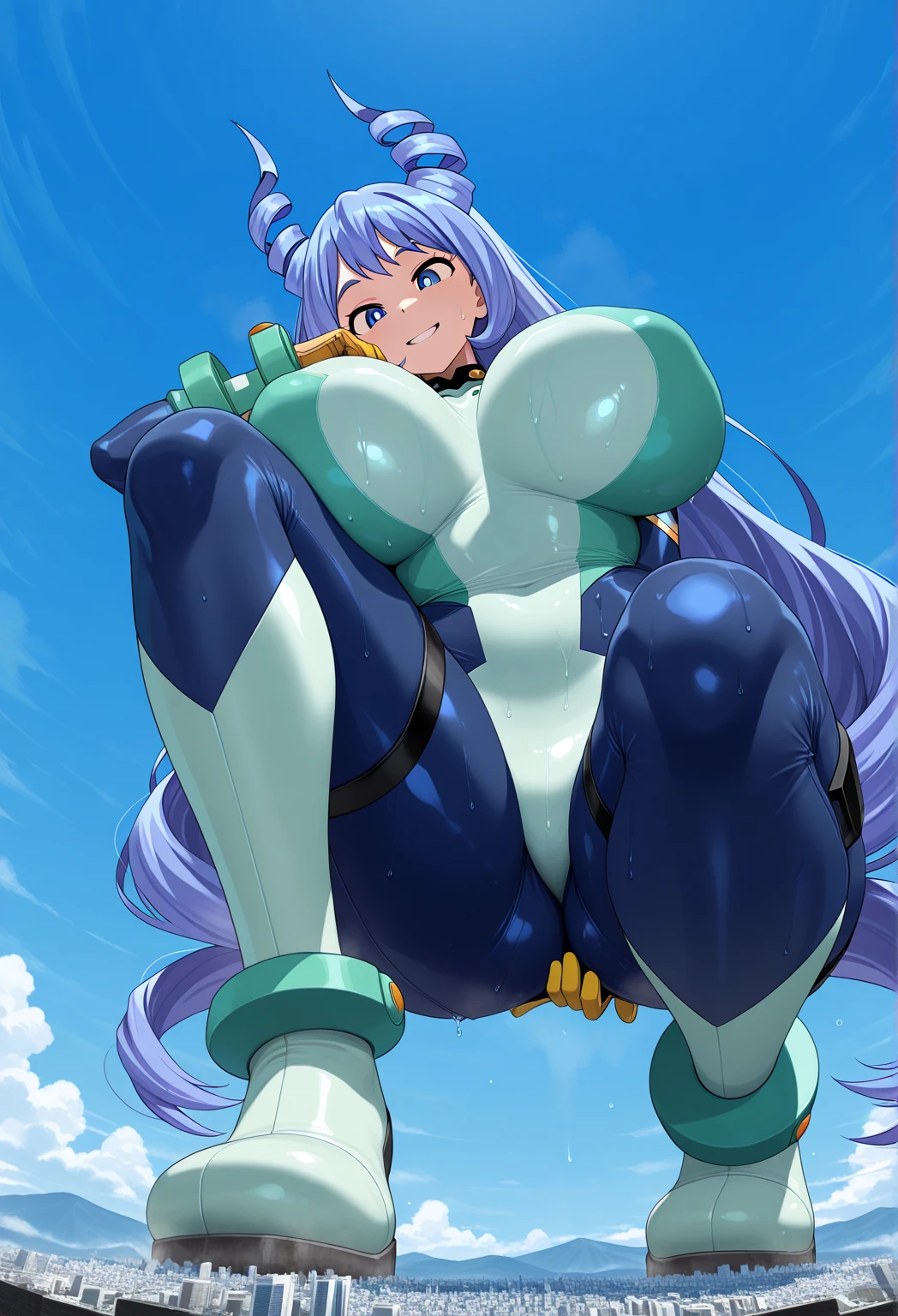 hadou nejire, boku no hero academia, , 1girl, blue eyes, blue hair, , , breasts, bright pupils,, huge breasts, , , long hair,, , solo, thigh gap, very long hair, blue bodysuit, green bodysuit, yellow gloves, bodysuit , sexy , <lora:hadou_nejire-000010:1>, cameltoe, angry expression, sexy ass , curves , sexy body , covered nipples , on one knee , on floor , closed mouth ,