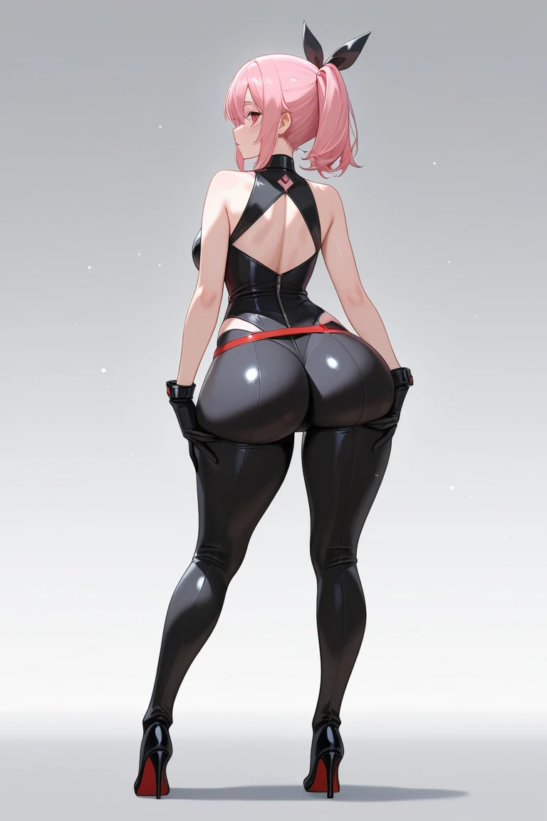 fox woman, pink hair, big ears, giant breasts, long legs, fluffy tail, athletic body, fighting gloves, high boots, white stockings, tight one-piece dress, green eyes, 8k, HD, masterpiece, full body, white background , character sketch in various perspectives back, front, 3/4, face, ass