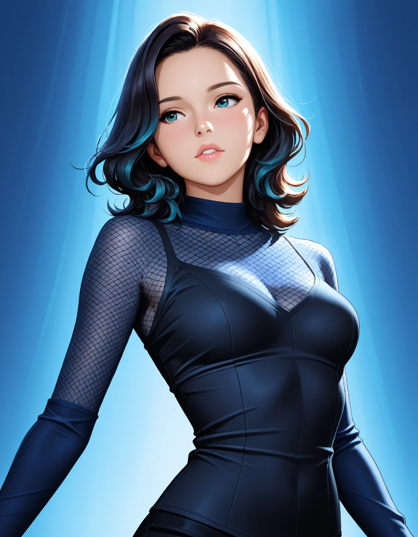 faye valentine ,beautiful portrait close up of a cute thin young woman, hyperrealistic full figure, athletic body, six pack, abs, concentrated look, cute smile, highly detailed, detailed face and eyes, long black hair, flushed face, blue eyes, latex catsuit,golden hour, volumetric lighting, 8 k, portrait, 5 0 mm f 1. 8, <lora:revAnimated_v11:0.8>