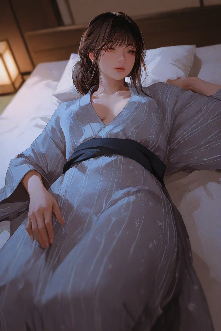 (masterpiece,Super detailed,8K,highest quality:1.5),((very cute)),best image quality, two dimensional beauty,sensual figure,intricate details,charm, realistic texture, charmな,(moonlight、Firefly Light:1.3),(Wearing a blue yukata),bed,(Sleep alone'Came back:1.3)
