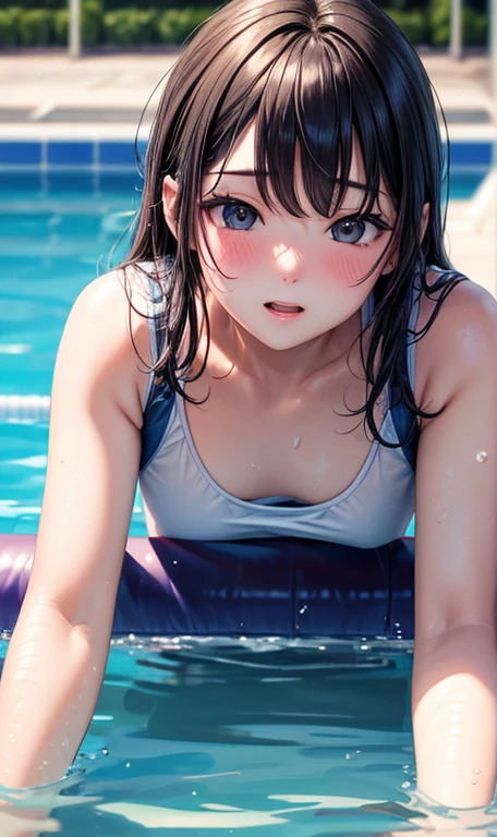 high quality,HD,16k,sharp lines,1 girl,Female swimming athlete ,cute face, large breasts, nice legs,At the swimming venue,focus girl,detailed beautiful face,detailed clothes,beautiful eyes,cool,dynamic angle