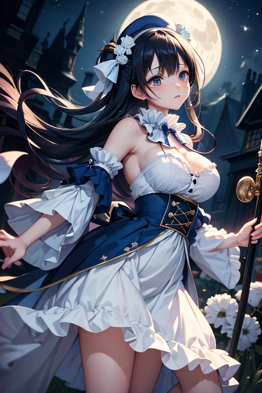 Akina Nakamori、Blue lace dress、25 years old、Beautiful woman、sexy、White cross necklace on chest、gothic style、miniature small hat、Sharp and cute、Beautiful woman、Upper grade