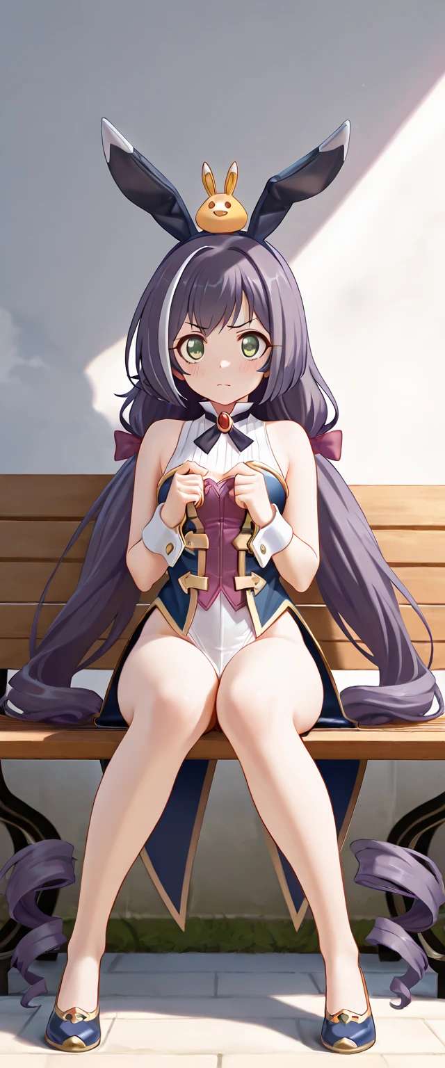 masutepiece, Best Quality, hight resolution, Aarista, Long hair, Blonde hair, Hair Bow, blue bow, Bare shoulders, halterneck, cleavage, White Dress, Detached sleeves, 手链, purple belt, Standing, put hands on the hip, Looking at Viewer, Serious,((less area underwear))、((Sit and spread your legs wide、Angle from which you can see the whole body)) 、((small curvy loli))、Shoujo Mangacore、(((Complex hairstyle)))、(((short braiding)))、魅惑的:1.5、NSFW:1.5