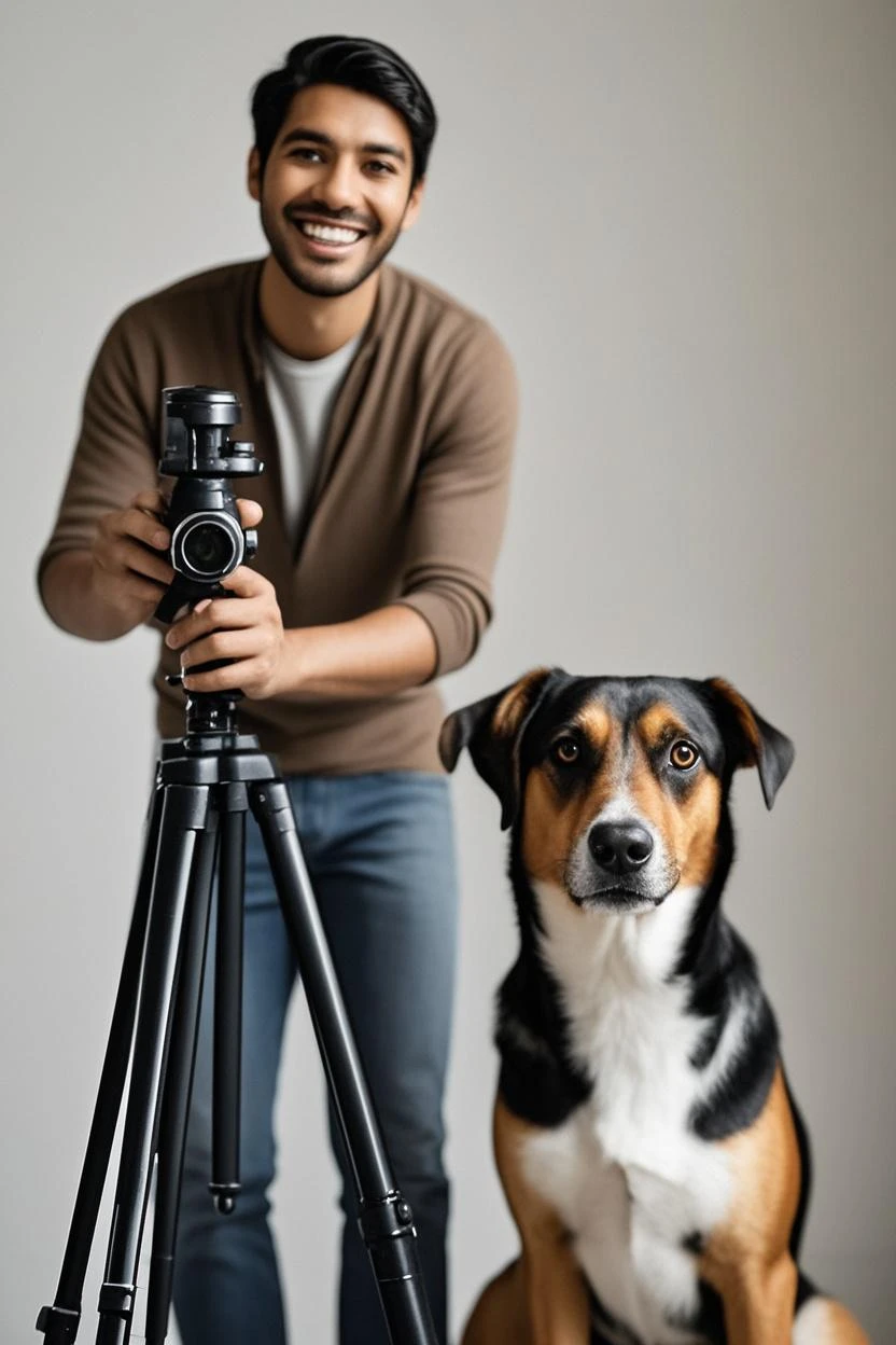 Man in wolf mask wearing Adidas sportswear taking photos with Nikon camera of naked 23 year old woman with huge breasts and big buttocks in photo studio, sitting on a bench, long legs, Brown hair, Long hair, disheveled hair, curly hair, Brown eyes, slight smile, large eyes, full lips,