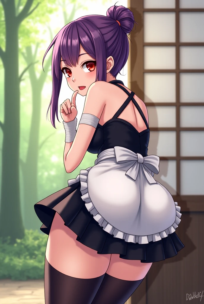 Best Quality, (((Ultra Details))) , (masutepiece), Anime girl wearing a short skirt and white apron standing in the hallway, anime girl in a maid costume, anime cat girl in a maid costume, lolish, Usami_masamune, official maid outfit、Anime visuals of cute girls, maid outfit, light pink knee socks, maid, Green eyes, blush, Twin-tailed, (garter strap:1.3), (Striped Panties), there is a close up of a female's butt in Panties on this computer screen 1 girl, Underwear, Panties, A solo, (Zettai Ryoki Thigh), From diagonally behind、Put your hands on the floor and stick out your ass、Looking back、(all-fours:1.4), good waist、Top diagonal back view