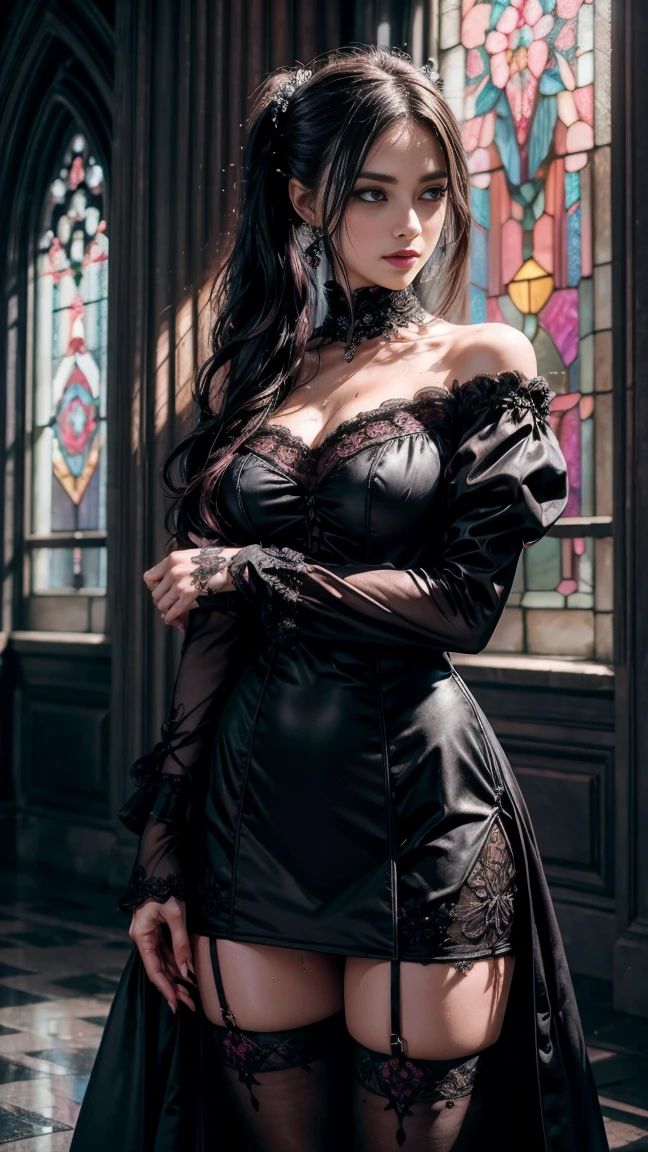 (masterpiece, best quality), 1 girl, curvaceous perfect body, nice breasts, wavy hair, pastel goth, gothic victorian maid minidress with intricate details, straps, leather, frills, thighhighs, busy convention hall with elaborate details, standing pose, contrapposto, afternoon