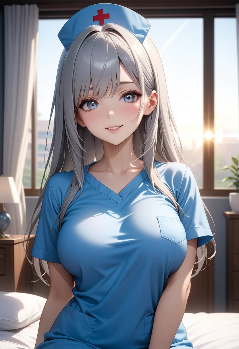 one woman, big breasts, beautiful breasts, masterpiece, highest quality, smile, Upper body, anime characters, open your mouth, standing position, Completely naked, open shirt, high school girl, silver hair, blue eyes, Excessive exposure, student council president,