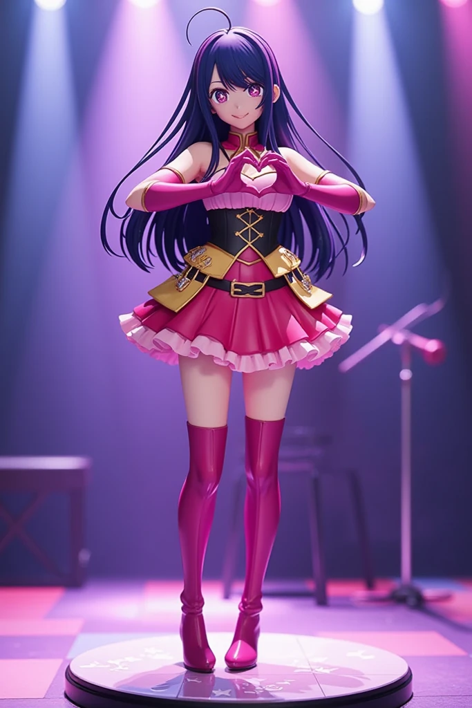 professional lighting, detailed lighting, professional photography by Araki Nobuyoshi, (1girl, Hoshino Ai, hoshinoai, long hair, purple hair, streaked hair ,purple eyes, star-shaped pupils, hair ornament, large breasts:1.2, cute), omertosa,(aegyo sal:1), full body, 
(((spotlight, on stage, singing,dancing,  holding a mic with the left hand))),skirt, pink gloves, hair ornament, looking at viewer,smile, closed mouth,
 full body, chibi, [realistic], [3d], (3dcg), ((octane render)), smile, closed mouth,
(8k, RAW photo, best quality, masterpiece:1.2), ultra high res, (((realistic, photo-realistic))), professional lighting, detailed lighting, professional photography, fisheye, dynamic angle, high quality, high res, extremely detailed, bloom,
depth of field, sharp focus, soft lighting, good composition, god light highlight, detailed, (((photorealistic details))), detailed skin, to8contrast style, sketch