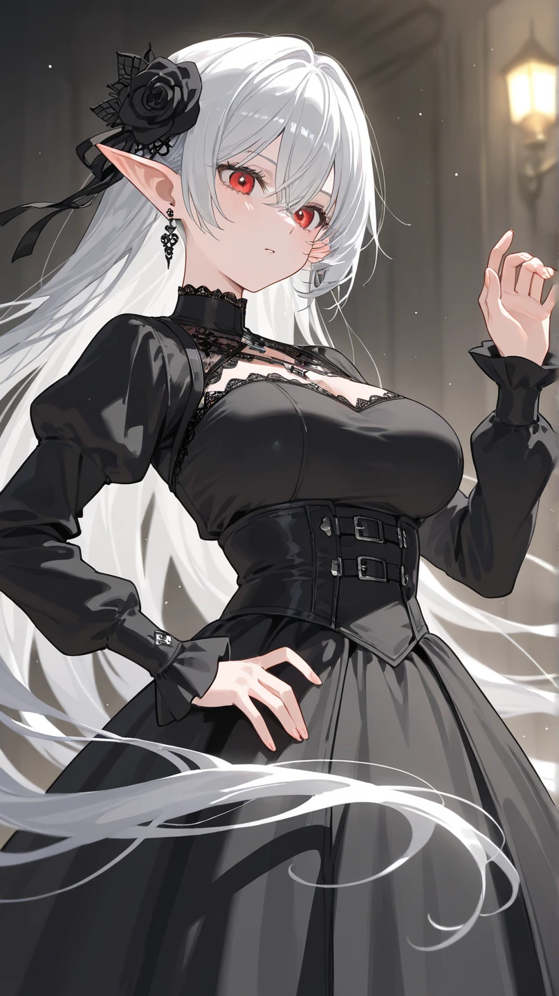 (masterpiece), (best quality), (super detailed), (girl), (full body), (front), (((very huge bust: 1.10))), (very long hair), (straight hair), (two-tone black and white hair), (red inner color), (two-tone hair), (red eyes), (fall into darkness), (dark world), (world of the dead), (red-black moon), (bats flying), (black cat at feet), (magic gate), (gothic lolita), (black dress), (black lace gloves), (hollow eyes), (fully clothed)