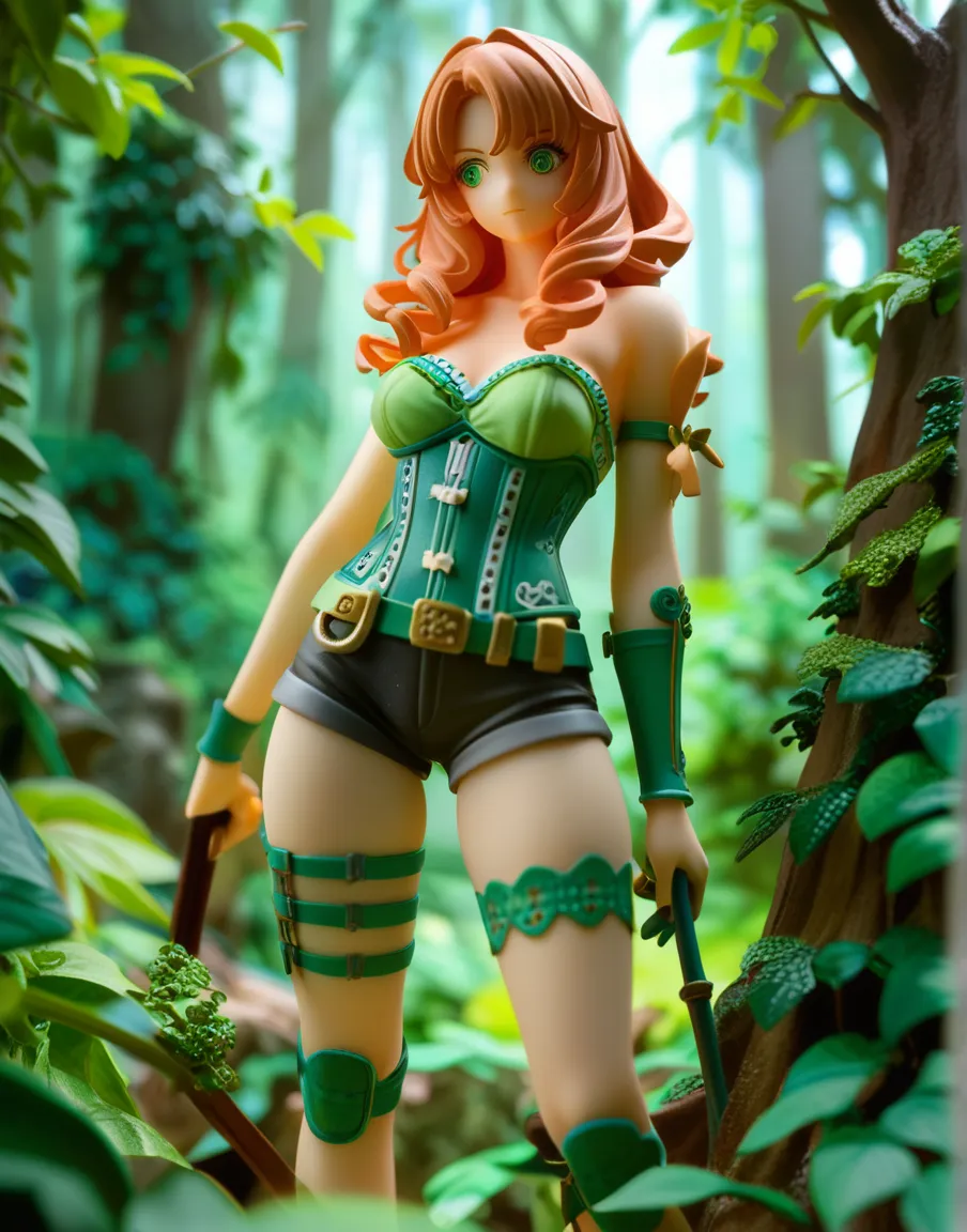 Figure, glasses, redhead, green lingerie, sexy pose, big breasts, smile, green witch hat, short hair