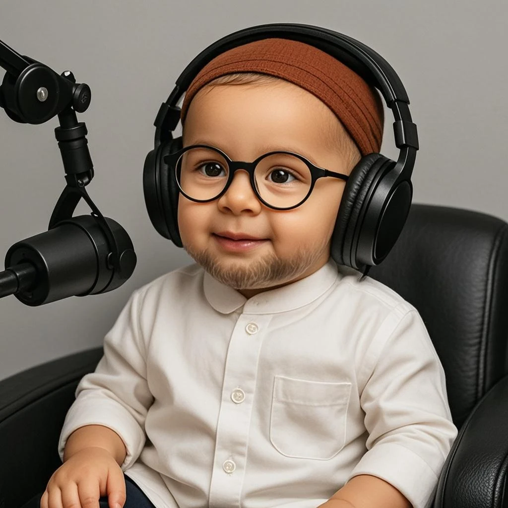 Chubby boy with glasses and curly hair with earphones

