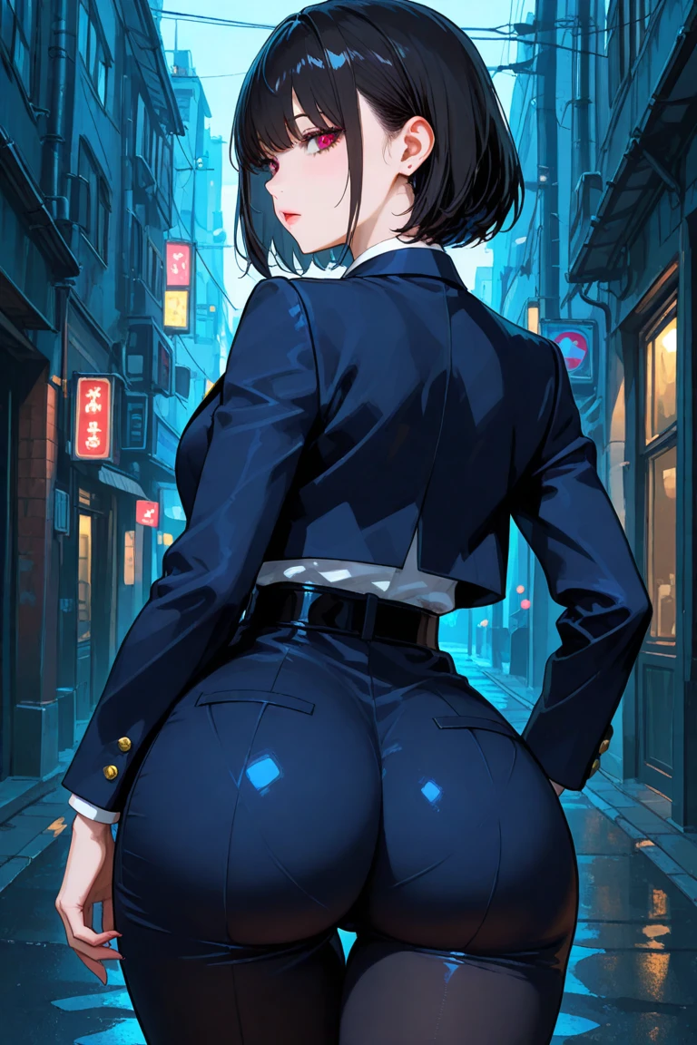 (Perfect boisy),highest quality,(8K Portrait),(Official Art)、Browsing Caution、(((Muscular)))、((((Embarrassing))))、One Girl,(:is)、(((Thick thighs)))、(((blush))),(Sweat),(big breasts)、(((Big Ass)))、(Black Hair),((Bobcut)),short hair,Blunt bangs、 (Yellow Eyes),(((navy blue sci-fi suit)))、Cyborg Girl、Police hat、Black knee socks、((White boots))、(on the road)、Acrobatic pose、From behinis、return