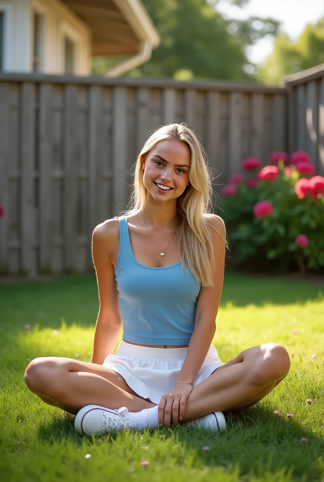 professional, (8K photo:1,1), (Focus:1,3), high detail, playful 18 year old Italian girl, (attractive young woman:1.3), (seductive:1.1), beautiful detailed face, blue eyes, blonde hair, (blushing:1.1), Beautiful young and athletic body, Beautiful breasts:1.2, beautiful smile, look into the camera, in a blue tank top and denim shorts, sitting in the outdoor armchair in the garden of the house on a Saturday night