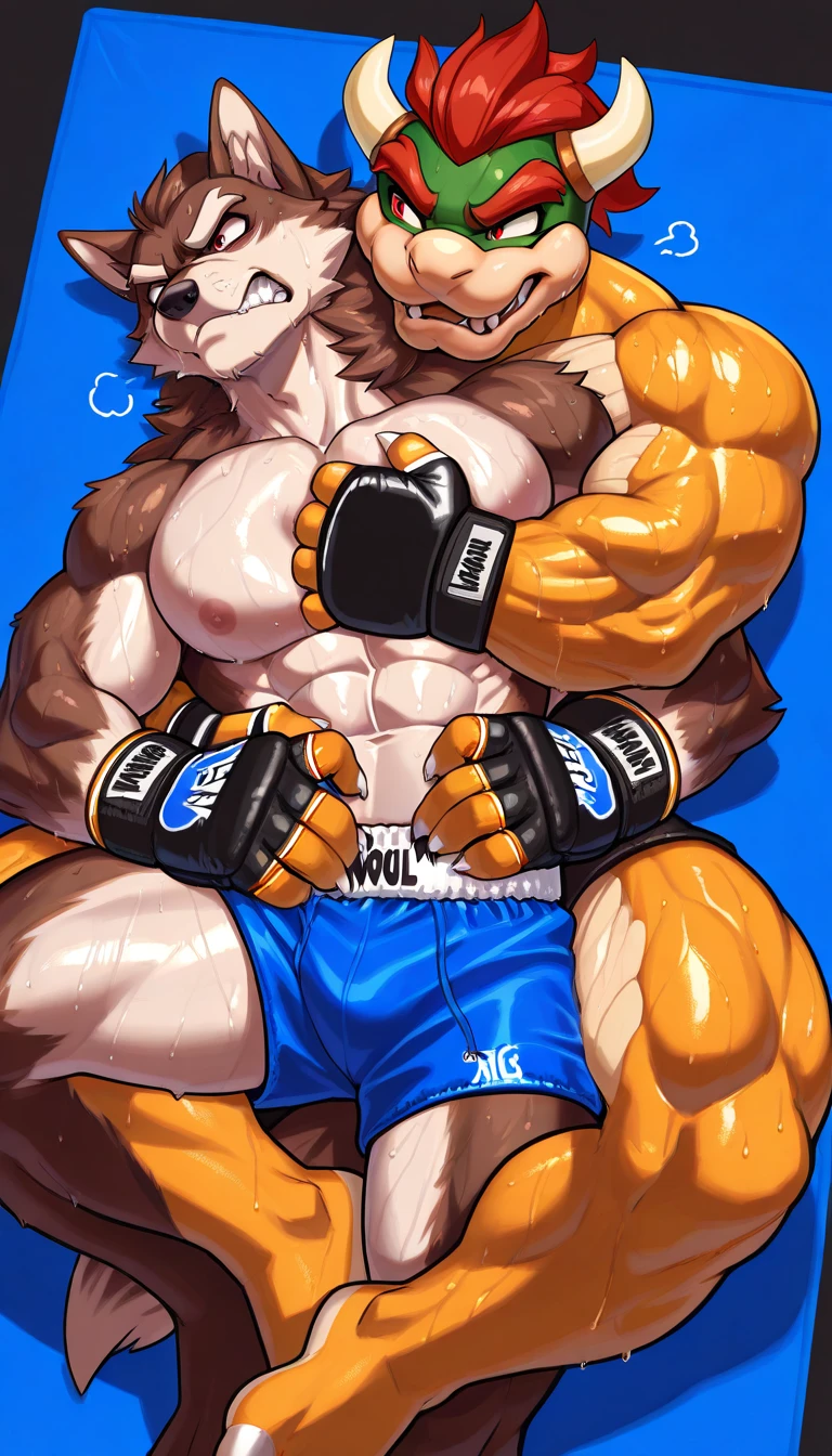 Super muscular boar beastman,(Wear a uniform:1.2),fold,Painful expression,Mouth open and tongue out,Getting cumshhe face by some guys,Red and black huge erect penis,oundedenises),(A large amousemen all over the face:1.3)wrestling,(Anal Sex),scrotum