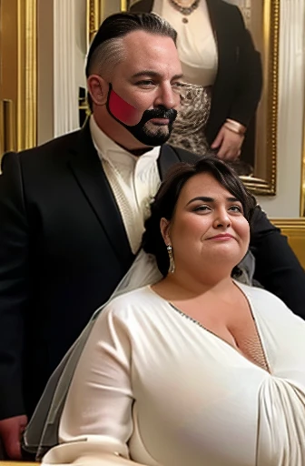 A mulher, radiante e emocionada, is dressed in a classic 80s wedding dress, com ombros levemente acolchoados e mangas longas de renda. The dress is adorned with pearls and delicate details, caindo em uma longa saia de tule. Her hair is styled into an elegant voluminous updo., decorated with a veil that covers your face softly. She holds a bouquet of fresh flowers, composed mainly of roses and lilies.
Seu marido, ao seu lado, wears a classic dark suit, with a white shirt and a tie in a sober tone. Your hair is impeccably styled, com um discreto brilho de gel. He holds the bride's hand with tenderness and pride, your gaze overflowing with love and anticipation for the future that you are about to begin together.