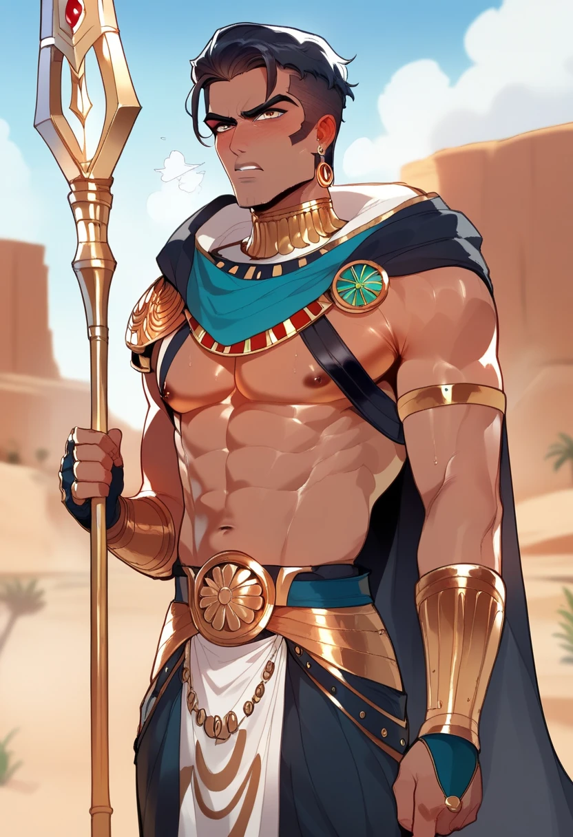 1boy, short black hair,blue eyes, tan brown skin, loincloth, desert, pyramid,egyptian prince, (oasis:1.5),bulge