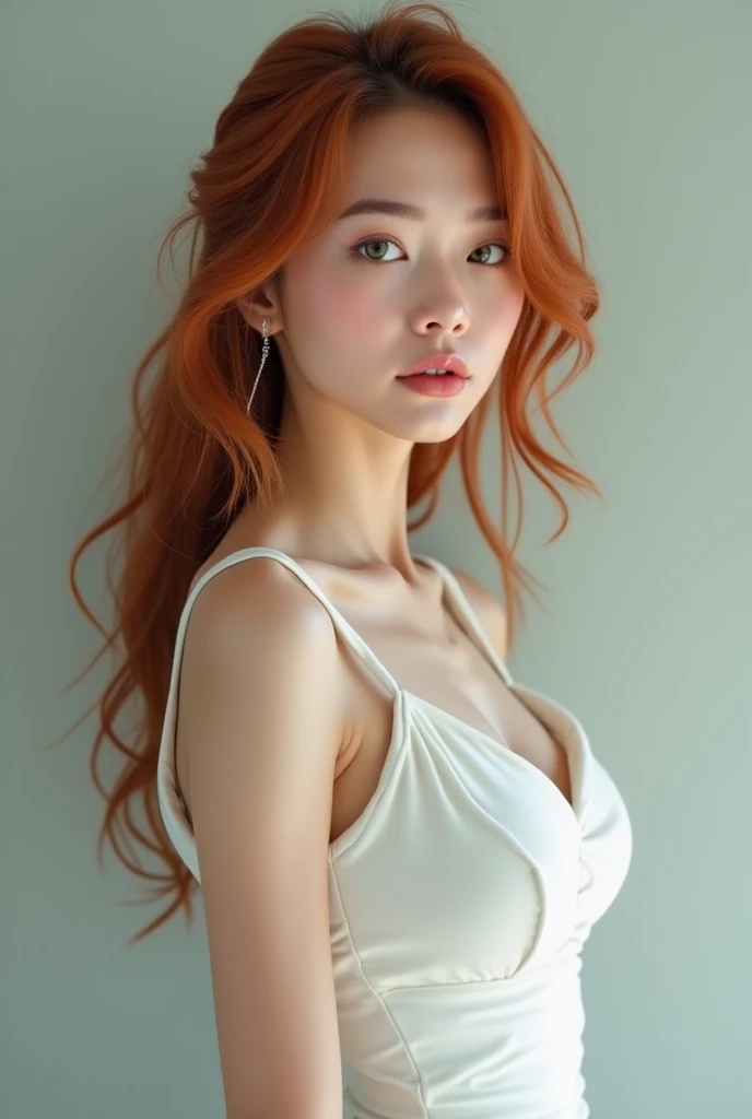 Girlfriend is a young, fair-skinned girl with long reddish-brown hair.. She is wearing a sleeveless red dress and red heels.. her nails are painted red