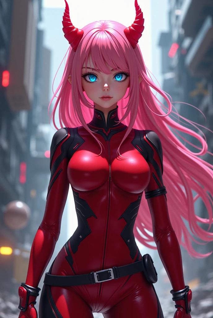ZeroTwo, Zero Two, (green eyes:1.5), hair band, horns, long hair, pink hair, red horns, white hair band,
BREAK bodysuit, covered navel, pilot suit, Red bodysuit, Science fiction,
BREAK indoors, Class,
BREAK looking at viewer, BREAK (masterpiece:1.2), Best quality, A high resolution, unity 8k wallpaper, (illustration:0.8), (beautiful detailed eyes:1.6), very detailed face, perfect lighting, extremely detailed computer graphics, (perfect hands, Ideal Anatomy),