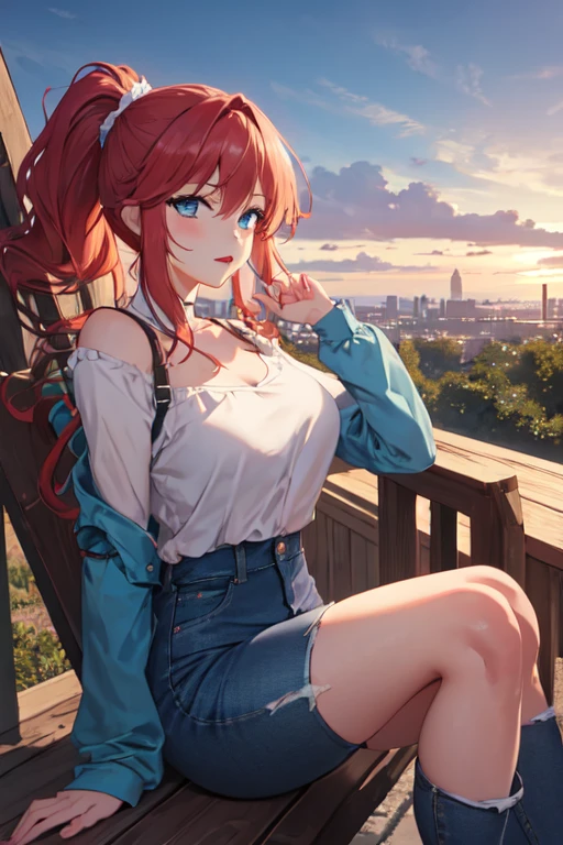 masterpiece, highly detailed, Best quality, ultra high res, 1girl,  <lora:[P]-Power:0.8>, (76-1Shirt:1.2),  horns, long hair, looking at viewer, medium breasts,  outdoor, power (chainsaw man), Strapless, smile, bent over, 76 shirt, day