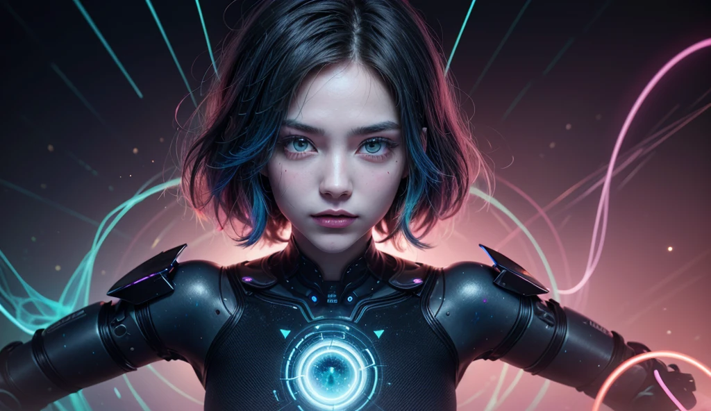 hd masterpiece, one standing woman space cadet looking at camera, detailed face, mid shot, golden suit, ((colorful clouds)) and (((neon soap bubbles))), jungles background