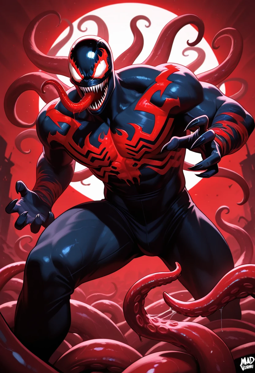 Muscular packed Spiderman in tight shiny suit with long bulge and Venom Molesting him with own goo Black tentacles fucking hard in tight ass and mouth.