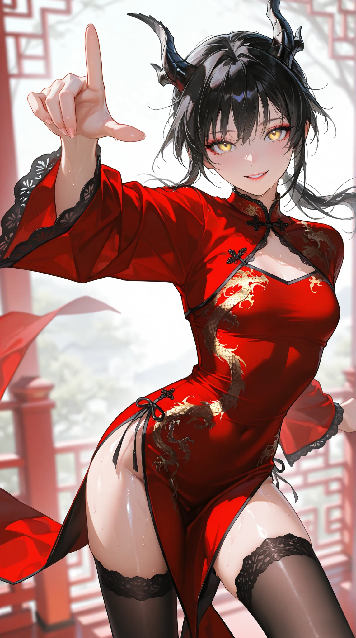 (8K、Top image quality、top-quality、​masterpiece)、A detailed face、1 girl in、black hair double bun、blunt bangs、red eyes、smil、Moderately breasts、((red chinese clothes))、long-sleeve、side slit、((black pantyhose))、back cutout、cowboy  shot、Rear view、Turn your butt、Back alley background