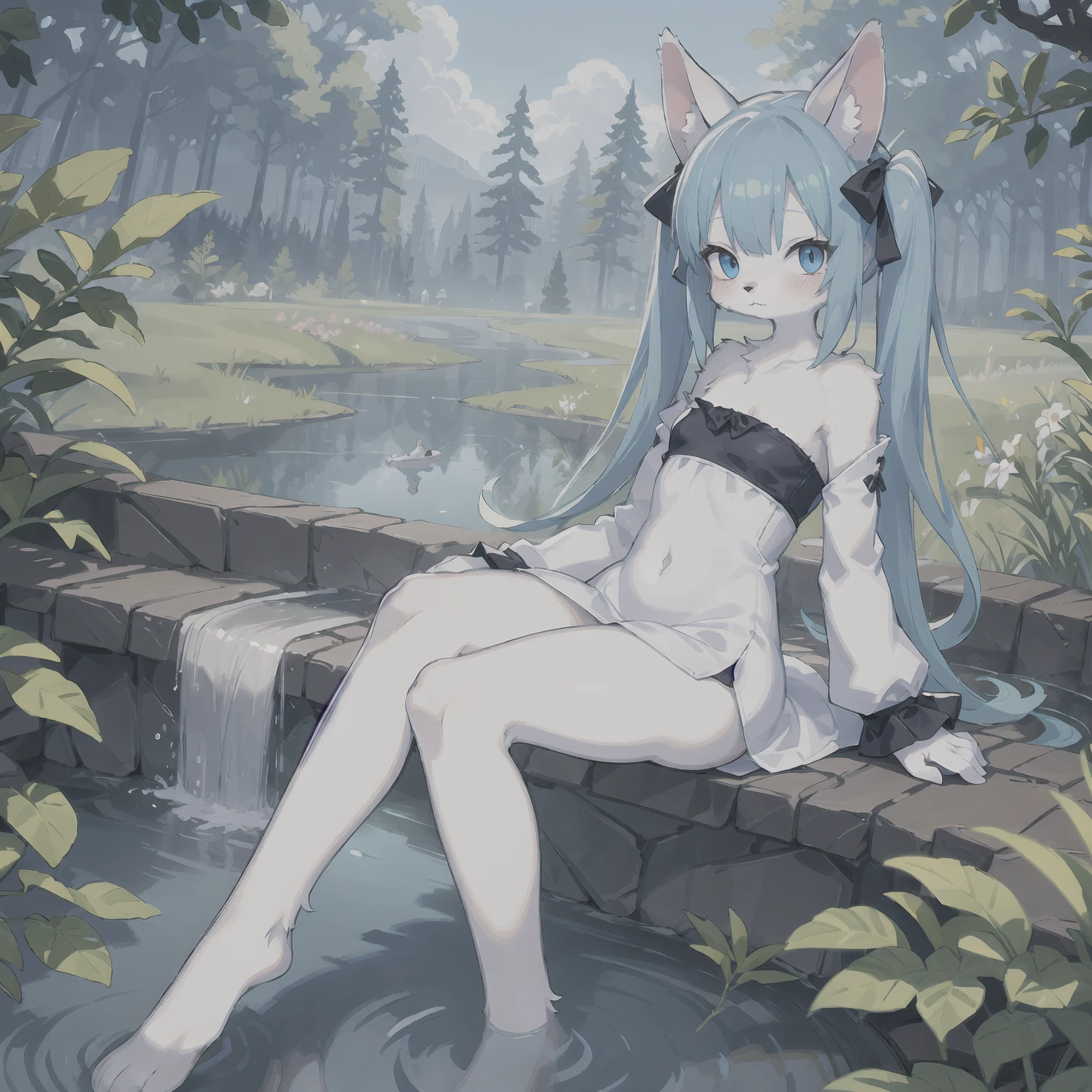 (furry:1.4), focus on face, full body shot, topless, nude, in the water catgirl