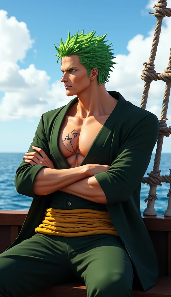 Portrait, Roronoa Zoro, Adventure worldview, green hair, Akatsuki uniform, sword holding posture, High resolution digital art, 2.5D CGI technology, High quality details, strength and determination, Yang Jie style, Meditation rock scene, Deep character descriptions, 4K visual experience, Roronoa Zoro Characteristics, Advanced art technology, world building perspective, Character display, Aesthetic photography art, descriptive details, about the ultimate sense of reality, art style imitation, role building, Plot world description, environmental details, character emotional expression, "Adventure" cultural atmosphere.
Roronoa Zoro, (\One Piece\), handsome, green piercing glowing eyes, green hair, short green hair, signature green haramaki, strikingly handsome, high cheekbones, straight nose, well-defined jawline, darkened countenance, fair skin, long lashes, thick eyebrows, glossy, masculine face, stern stare, strong jaw line, smirk
signature green haramaki, black trousers, white shirt left open to expose muscular torso, and his three katanas, which reflect his status as one of the strongest swordsmen in the One Piece universe.
((Roronoa Zoro's pose), rural landscape, at dusk, dynamic lights), scar across right eye, Eiichirō Oda
One Piece_theme
1 man, solo, looking at viewer