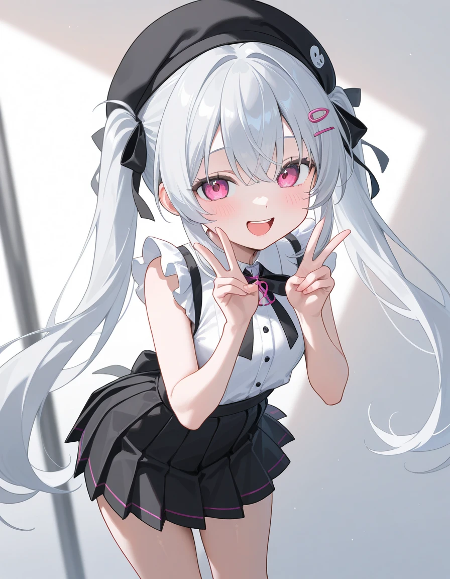 独奏,Whole body、(looking back over their shoulder), Young face、long silver Hair、long Twin tails、Spoiled brat、Immature body、（Small breasts）、smile、（Thick thighs:1.5)、red  eyes、Backwards、looking at viewer、Open mouth、double teeth、fang、blushing and sticking out her cute tongue, tongue out、sensational、Back view, Character portrait, whole body、hand sign、Maid clothes、Frilly clothes、little demon's horns and a tail、Slanted eyes、big Buttocks、peace sign、wearing a Magical girl costume、Night view