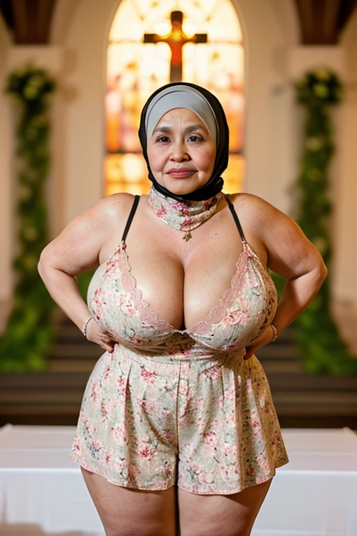 there is a ((black african woman:1.3)) in a dress and glasses posing for a picture, curvaceous. detailed, curvaceous, thicc,exposed massive breasts, alluring plus sized model, ebony, plus size woman, curvaceous. detailed expression, plus size, exposed huge breasts, nipples and areolas, full figured, beautiful thick female, rubenesque, with large breasts, bbw, immaculate complexion, ((remove clothing to completely expose breasts :1.4)),((in a church:1.4)) ,((uncontainable breasts,)),((tits are disproportionately gigantic for her body:1.4)),(she is wearing heavy makeup,glasses, bright red lipstick, a large cross pendant,clergy collar,and tattoos)), ((she has an extreme case of gigantomastia, macromastia, and breast hypertrophy:1.4)), (extreme-huge black areolas diameter 12cm),((1woman)),((revealing slutty clothing)),((invisible clothing)),chest up bust shot, bust shot, with large breasts, angelawhite, vanessa blue,with a large breasts, buxom chested, really large bust, large breasts, large breasts size