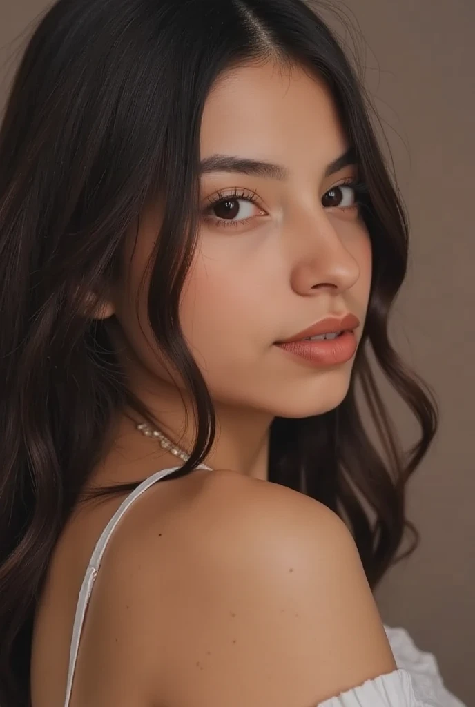 a magnificent young woman in her twenties, with Latino features. She has black hair tied completely in a ponytail. Her face has soft and balanced contours. She has large, well-defined dark brown eyes with long, thick eyelashes and well-arched black eyebrows. His nose is straight and slightly refined, proportionate to his face. Her lips are full and defined, with a natural color, and they are closed, contributing to her neutral expression. Her skin is matte, smooth and without visible imperfections. She is wearing a black t-shirt. She is facing the camera. The portrait was taken in a photo studio, the background is entirely white