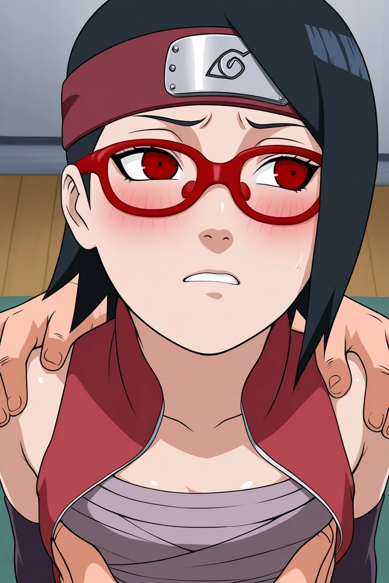 source_anime, sarada uchiha, short hair, black hair, black eyes, red-framed eyewear, glasses, swept bangs, looking at viewer, eye contact with viewer, smile, (smug:0.8), closed mouth, light blush, bare shoulders, bare arms, bedroom background, arm up, raised arm, arm behind head, armpit, flat chest. BREAK 1boy, penis, poke, faceless male, white skin, bigger male,