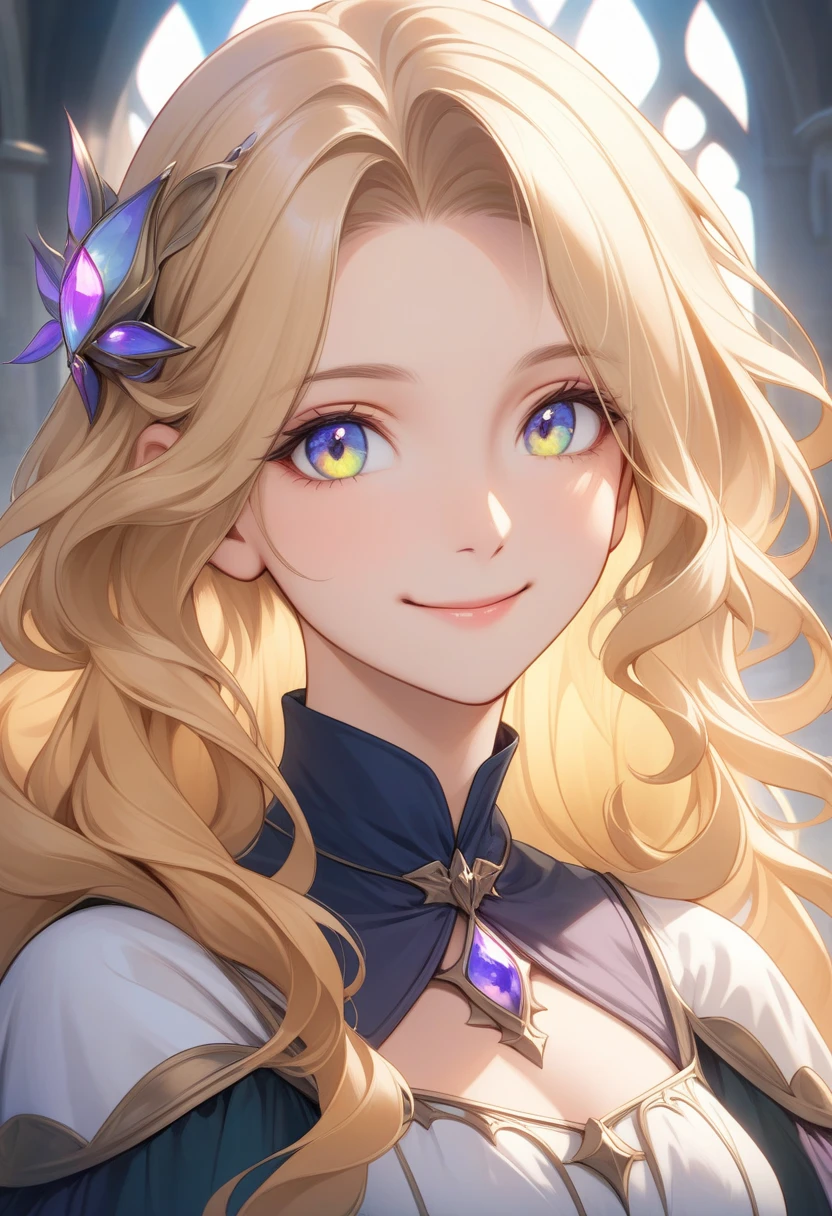 an adult woman, blonde with two pigtails with a purple bow each, purple dress with sparkles and diamonds, short and gala, with an opening in its pirrna, she has blue eyes, is at a late night dinner in a rich place