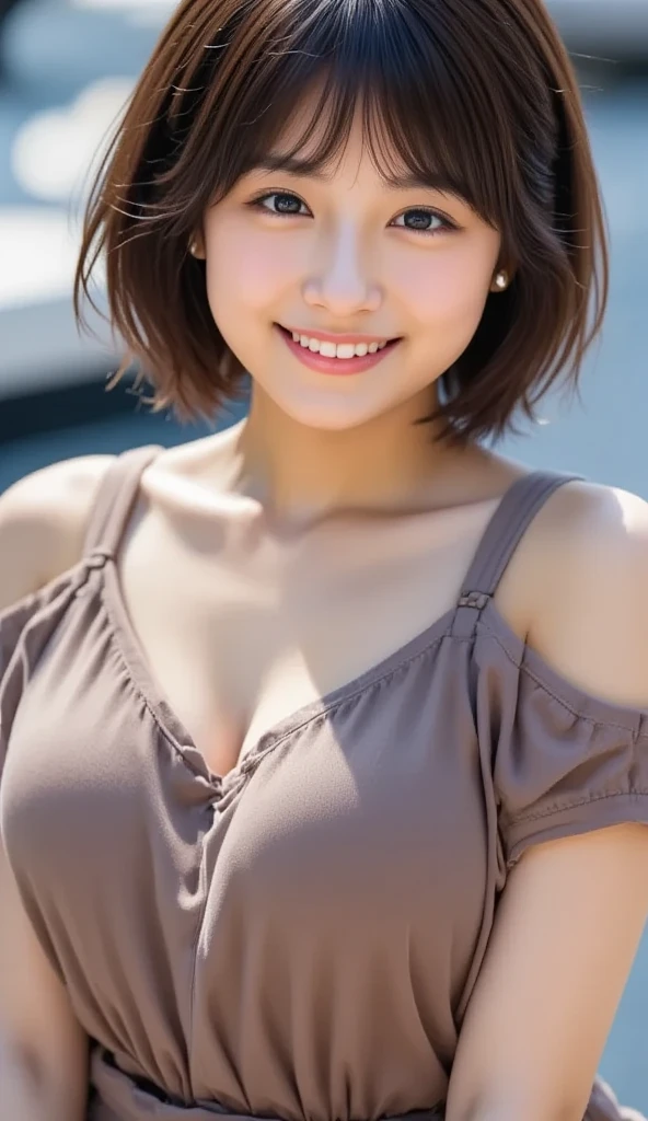 8K、best image quality、smile、masterpiece、buzzer、short hair、fine eyes、big breasts、A refreshing smile、Female college student、Dimples、Camisole showing both shoulders、Clear system、attending university、Ruck sack、Bright red clothes、Seaside scenery