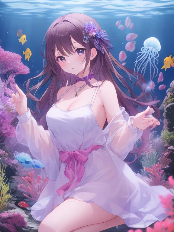 ((((((BREAK,Design an image with a fisheye lens effect, capturing a wide field of view with a distinctive, curved perspective.BREAK,)))))((1girl:1.1,solo,))(masterpiece,best quality, official art,aim to viewers, beautiful and aesthetic:1.3),((ultra high res,golden ratio,)) (4k),((from below,low visibility, dreamland,)),((((spiral bubbles,))))ray tracing,((((underwater flowers, In the enigmatic depths of the ocean,))))(fantasy,)((psychedelic)),((dreamy)),((holographic,))radiosity, physically-based rendering,automatic white balance), technological sense,Amazing,sharp focus,detailed background,rich background,astonishing background, (((high detailed skin,)))dynamic lighting,intricate detailed outfit,glowing eyes,watery eyes,((extremely long hair,hair over shoulders)),skiny,slender,smooth beast,smooth legs,sundress,((musical notes,mushrooms)),(masterpiece sidelighting),((water currents and ripples, contrast between deep-sea darkness and emitted light,))(((hyper realistic lifelike 3d,)))(bishoujo,lustrous),(purple hair,sky blue eyes,）[[delicate fingers and hands:0.55]::0.85],(detail fingers),(((Ultra Photographic Quality,ultra wide angles)))),((incredibly absurdres,photoreality)),(realilty:0.7),((outstretched hands,))((sitting:0.5,dark shot:0.8,))((extremely_detailed_eyes_and_face)),(disheveled hair),FilmGirl,(dynamic configuration: 0.9),Brilliant,drifting Nebula,ethereal, glossy ,striking contrast,high saturation