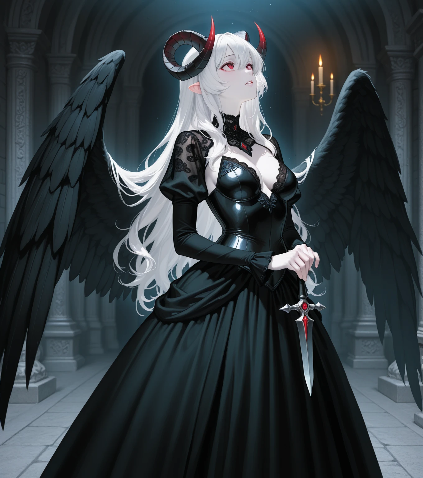 Prompt: Anime, A serene figure of a woman with long, cascading white hair and intense, radiant red eyes is depicted in a dimly lit, atmospheric room. Shadowy corners and flickering candles accentuate the gothic aura surrounding her, embodying the essence of a gothic maiden anime girl.
Prompt: Demon anime girl, Character design featuring a powerful and seductive female figure with pitch-black wings spread wide, white eyes glowing ominously, and a menacing, cruel laughter that echoes in the room. Clad in black leather and adorned with tattoos representing fallen angels and scars from past battles, she
