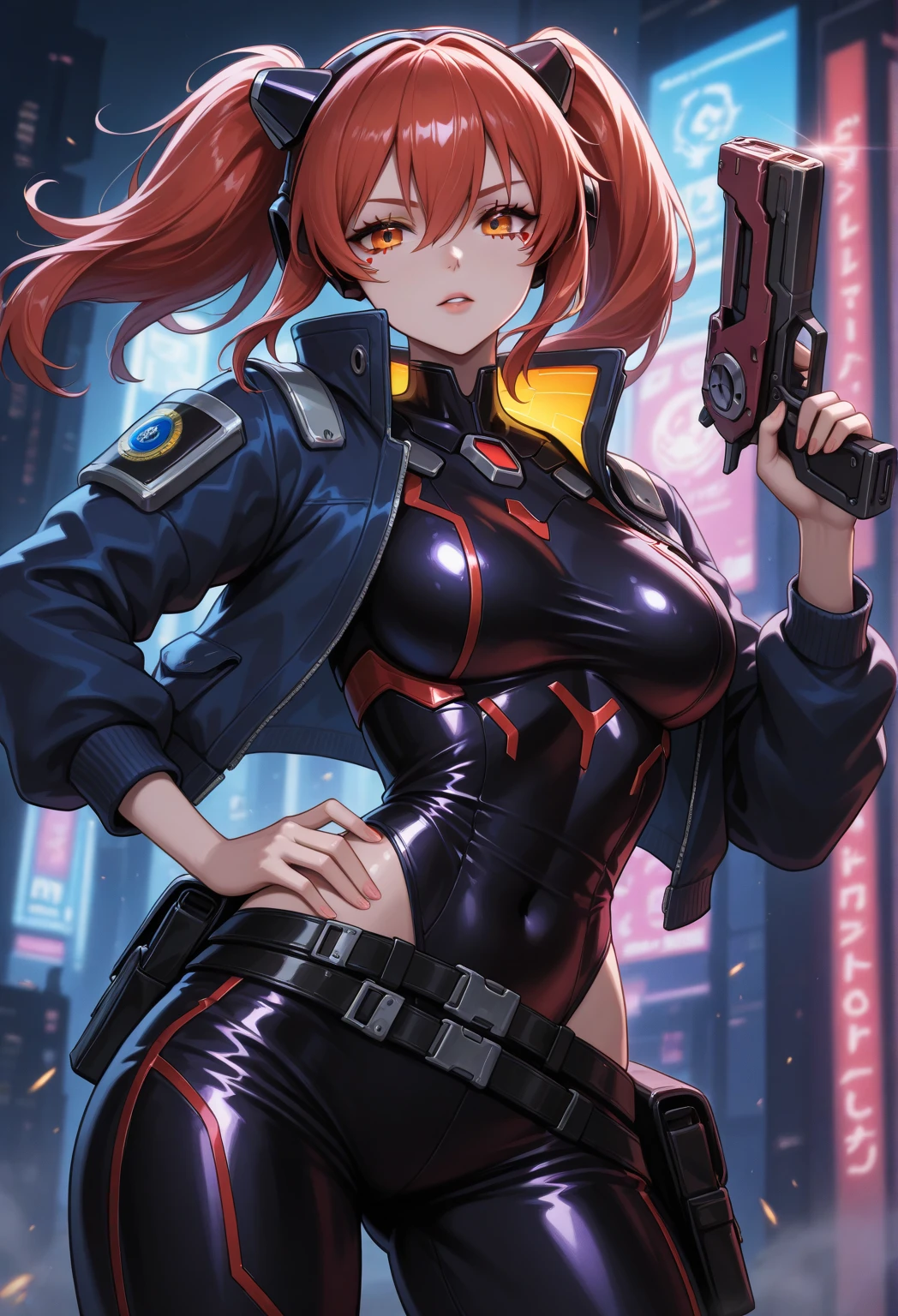 battle bunny miss fortune, miss fortune, 1girl, orange hair, ponytail, purple jacket, iridescent jacket, cyberpunk city, masterpiece, smile, looking at viewer