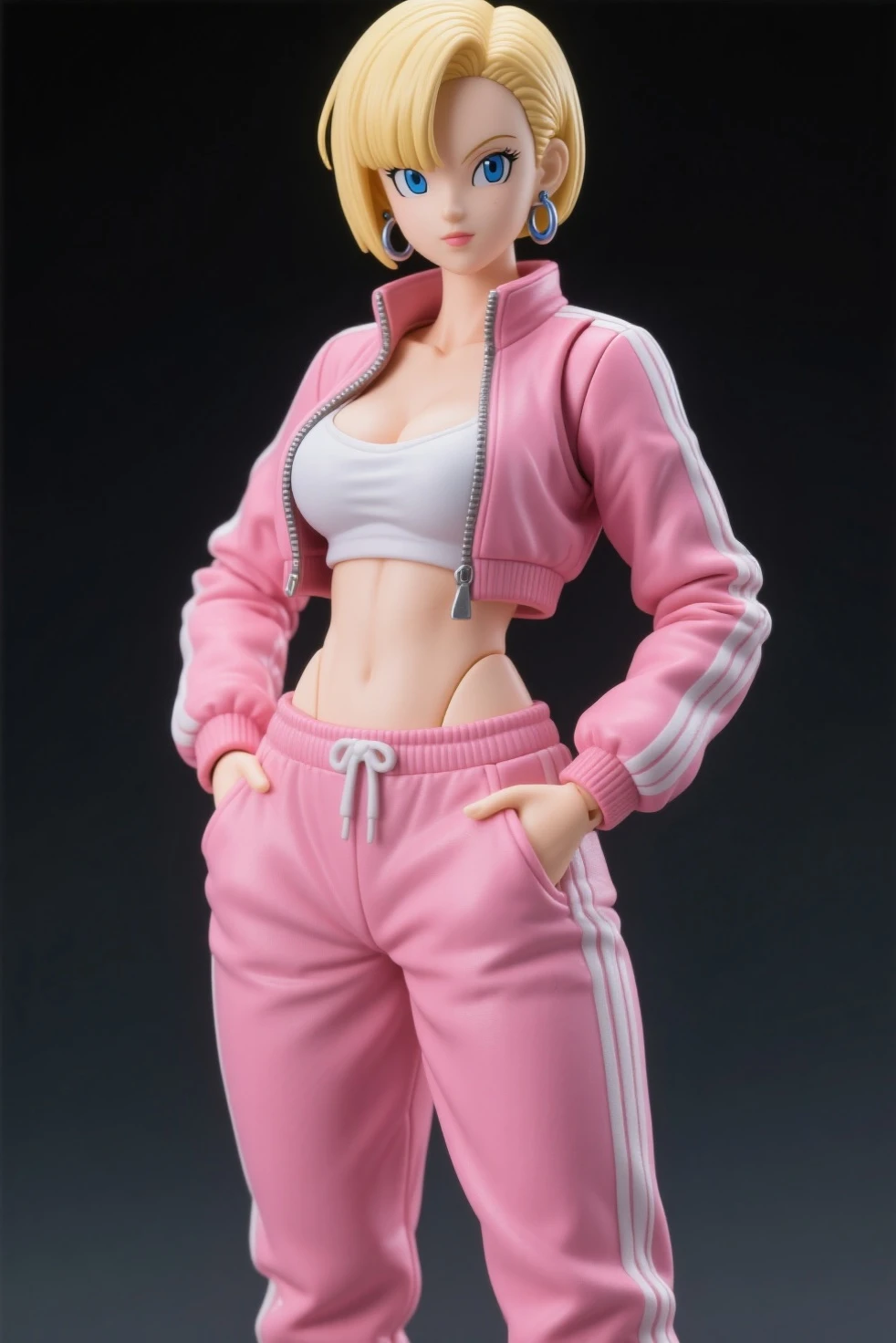 (masutepiece, Best Quality) Detailed, 1character , Blue Archive Art Style , wearing a baby blue jacket, Pink belt , Outfits inspired by BLACKPINK, croptop,stunning woman , Short hair , Blonde hair , Orange Eyes , no pupils , Pink lips , pale skin , ￼26 years old, 
 , pastel color fading , Cell shade ,