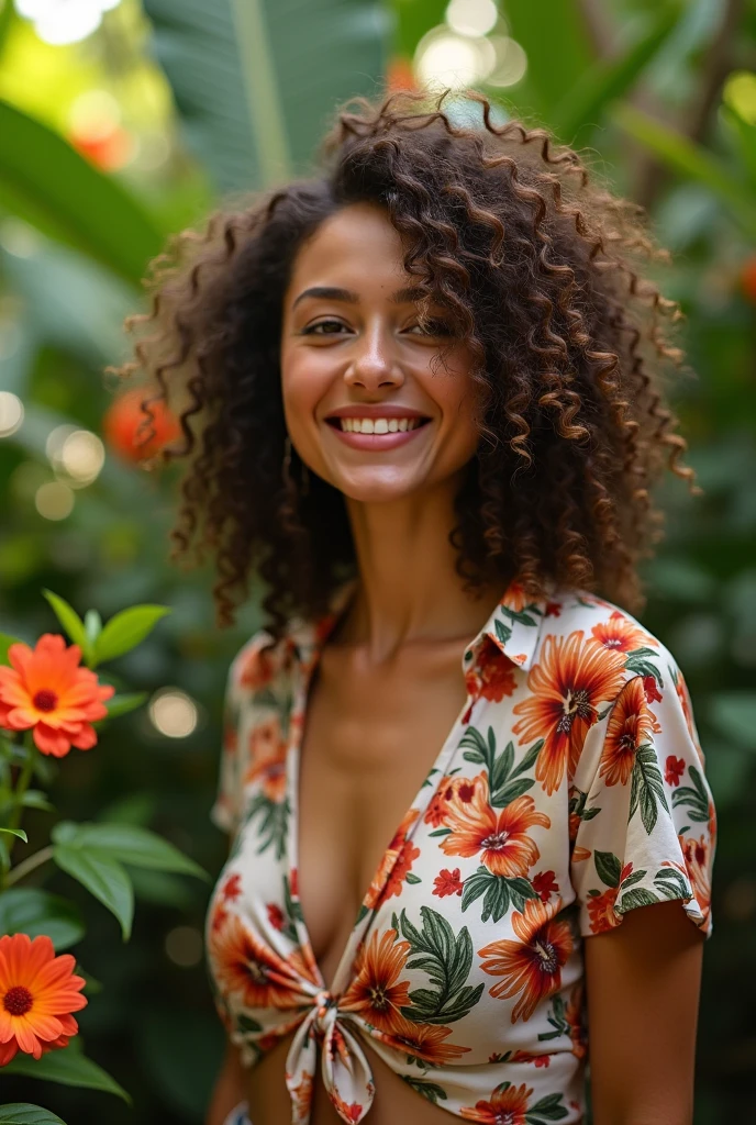 A Brazilian woman in a lush tropical garden, wearing an open shirt with a floral print, with a close-up capturing the harmonious beauty between her breasts and the natural flowers, showing off your natural charm and outgoing personality.