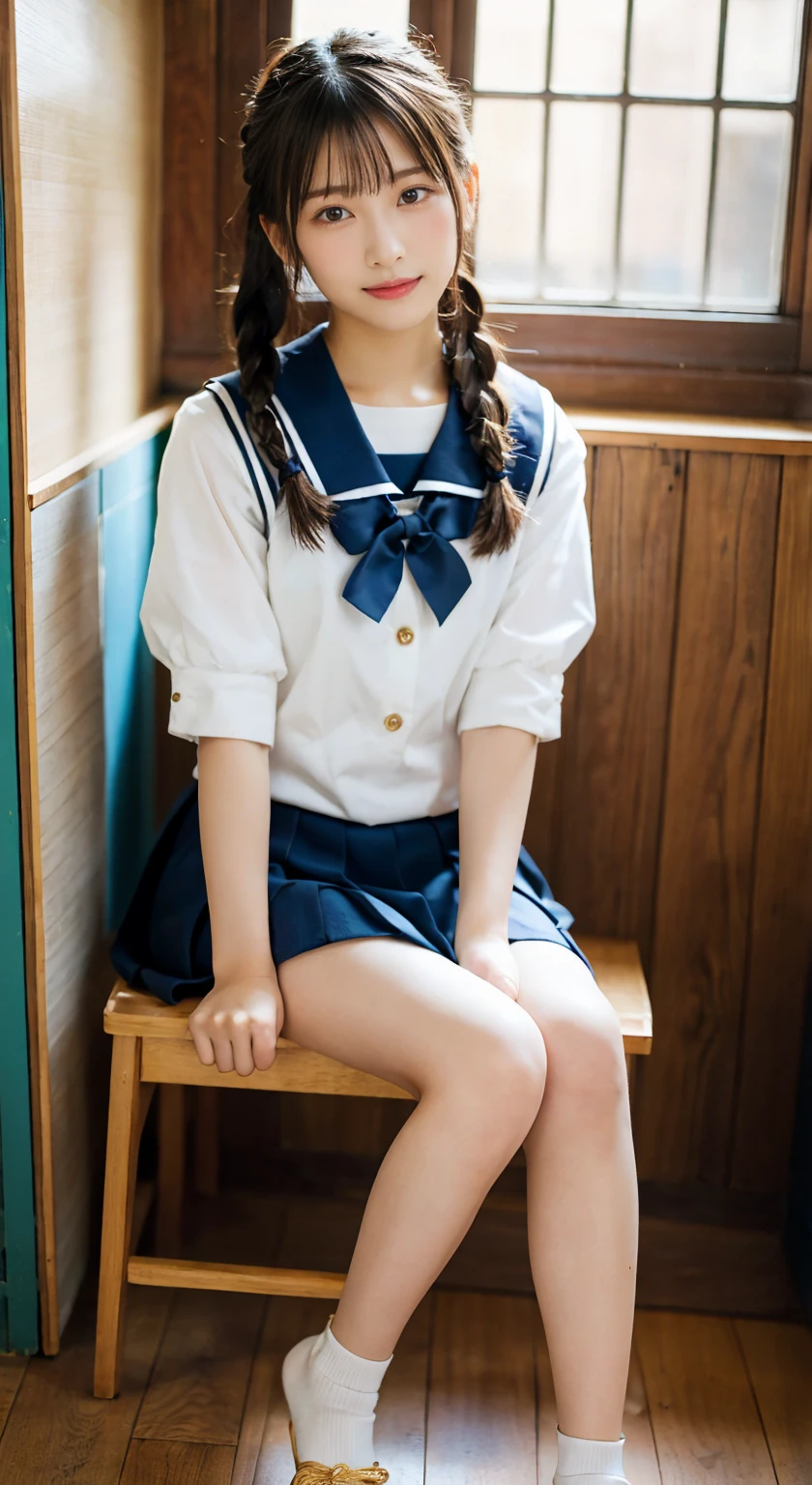 ((highest quality、8k、masterpiece:1.3)),((((fullbody shot)))),Ultra-high resolution,big eyes,Japanese,bangs,(a girl),(1 girl),((20 years old)),((facing at viewer)),(long hair),(((black sailor uniform))),grin,((sitting on chair)),(pleated mini skirt),(((pussy))),(((open legs))),((skirt lift)),((short crew socks))
