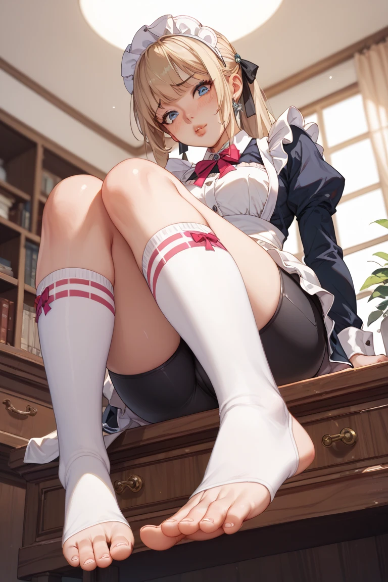1girl, solo, long hair, breasts, looking at viewer, blush, smile, bangs, skirt, blonde hair, brown hair, shirt, thighhighs, long sleeves, bow, brown eyes, sitting, closed mouth, , jacket, full body, white shirt, braid, thighs, pleated skirt, collared shirt, indoors, bowtie, red bow, feet, white thighhighs, lips, legs, parted bangs, plaid, toes, plaid skirt, no shoes, blazer, blue jacket, red bowtie, knees up, on floor, chalkboard, asuna \(sao\)