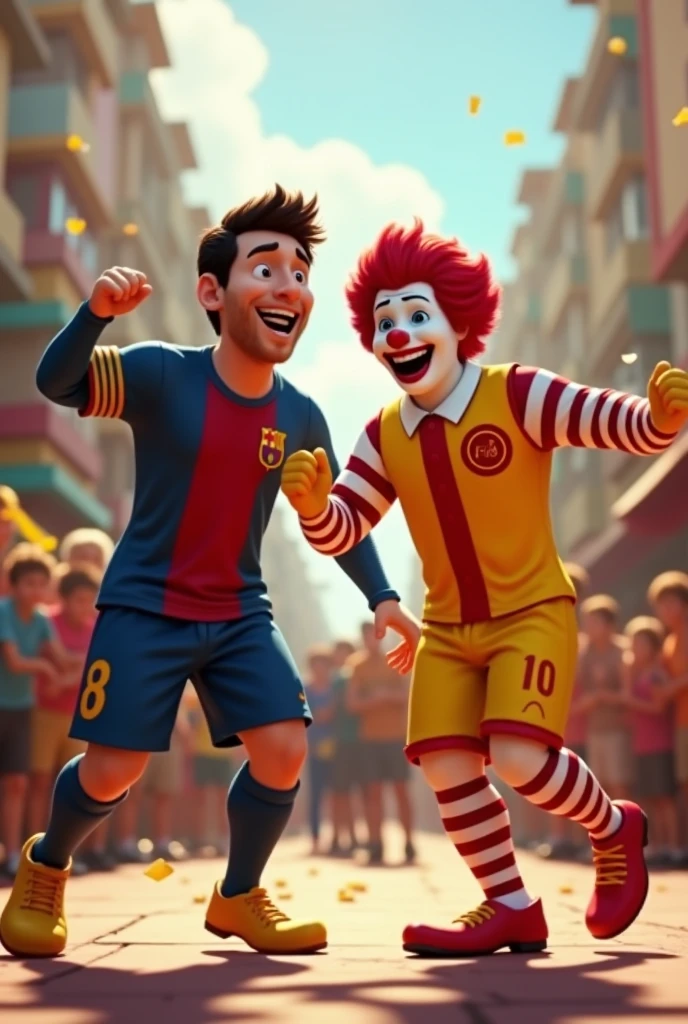 Make Winnie the Pooh with the Barcelona shirt shaking hands with the Joker with the Atletico Madrid shirt and there is a blue cat celebrating with the Real Madrid shirt and in the back there is a football stadium.