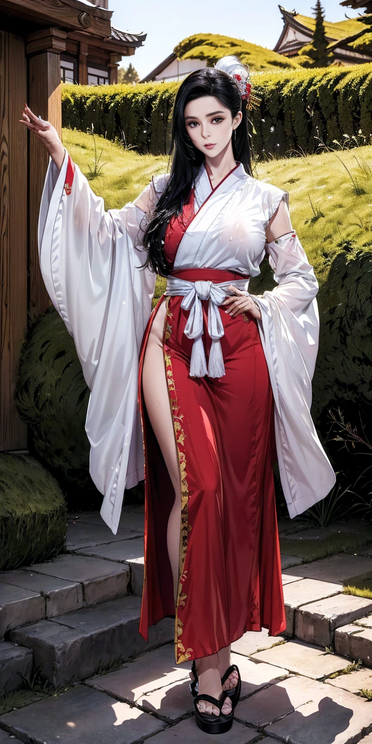 1female,45 yers old,Married woman,legs long, a slender waist, photo exposure, 独奏,(Background with:at a forest,the rainforest,in summer) She has long black hair,Redlip,Stood up,seen from the front, curlies, sky with many clouds,(((tmasterpiece),(Very detailed CG unified 8k wallpaper),Best quality at best,电影灯光,detailed back ground,Beautiful right eye pupil,(very delicate beautiful),(Beautiful and detailed eye descriptions),ultra - detailed,tmasterpiece,)),facing at the camera,A high resolution,ultra - detailed),very huge big breasts, convex,Camel toes,Japanese bride(dressed in:White transparent kimono)