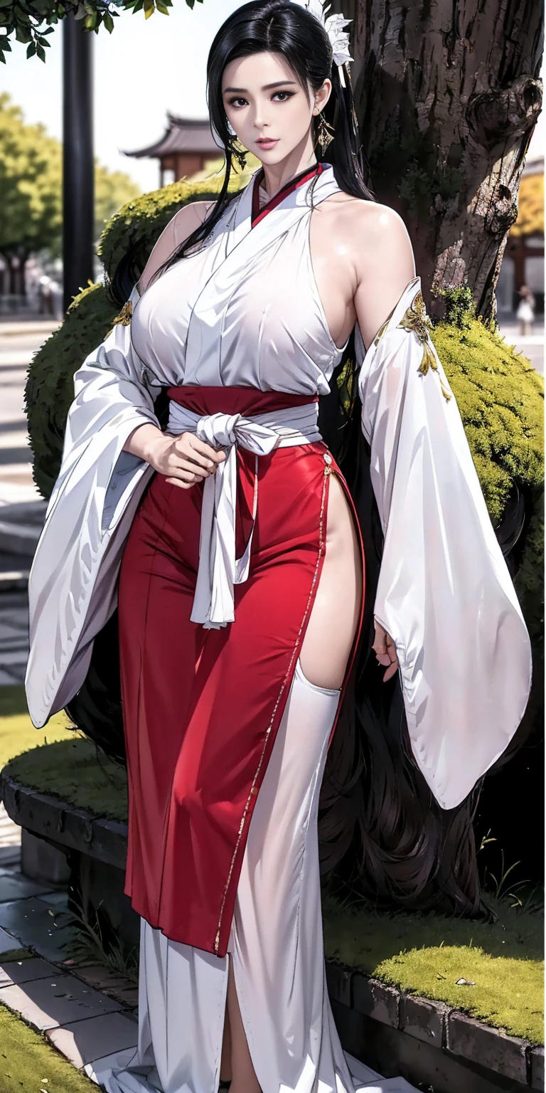 pure white hair、red glasses, hair ornament, hair stick, red headband, white shirt, bare shoulders, white jacket, black skirt, orange leggings, high heels