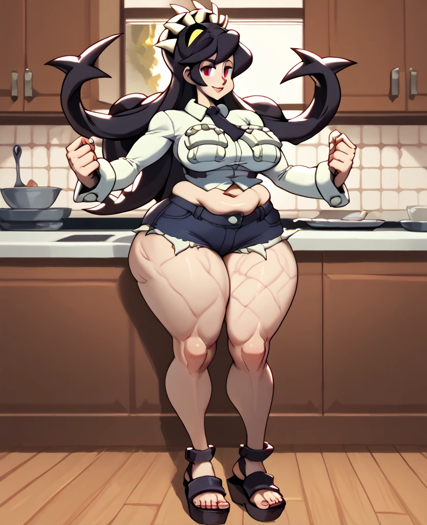 (((garota musculosa))) black hair yellow eyes pale skin huge breasts close to the body Cheerful in panties and bra.