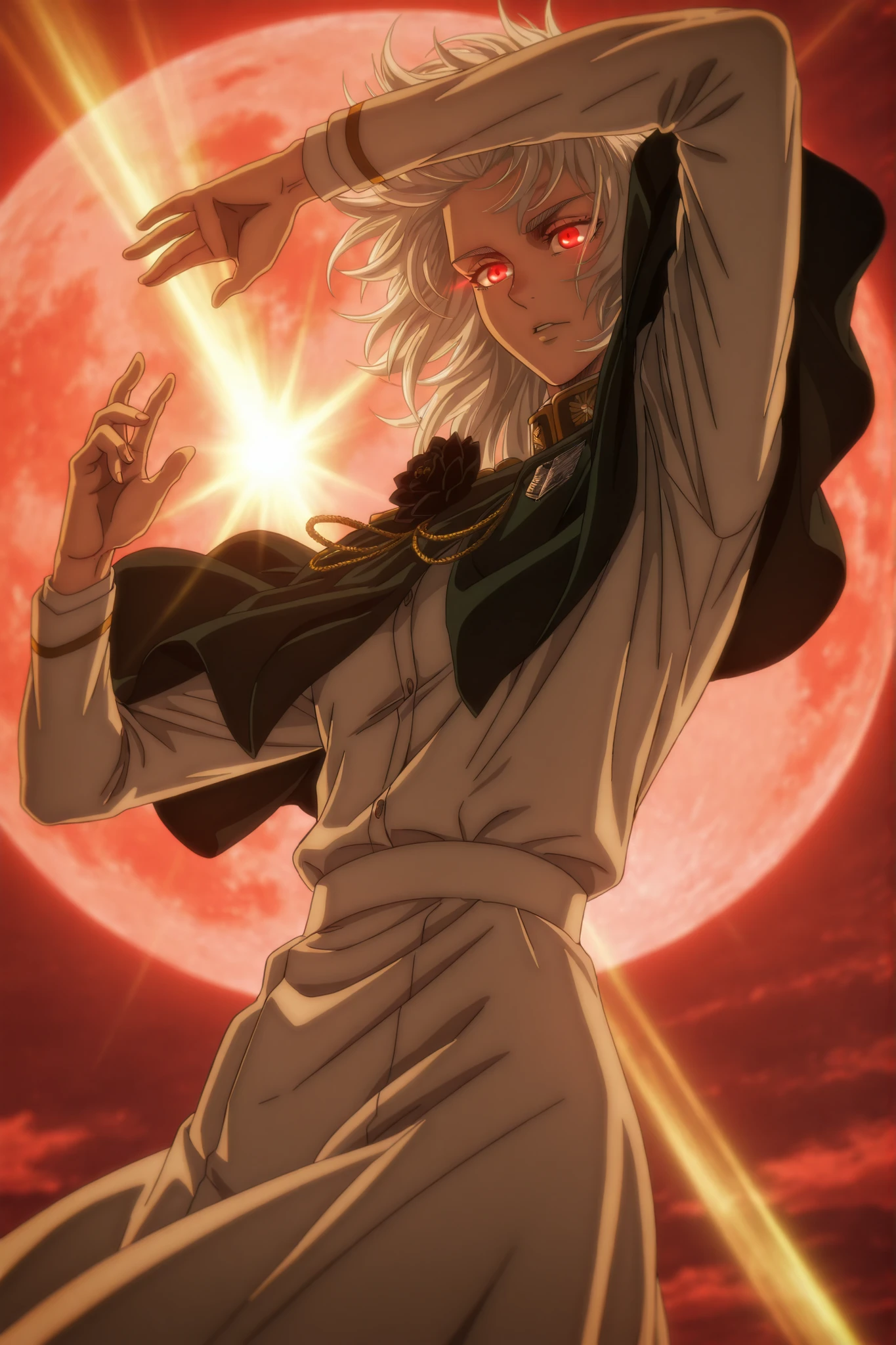 in the style of Solo Levelling, god rays, vivid colours, light stream, manhwa girl, detailed texture, detailed feature, masterpiece, UHD quality, [ 8K Resolution ], masterpiece, best quality, amazing quality, very aesthetic, high resolution, ultra-detailed, absurdres, (hands:-0.15), 
(1girl, young adult, female:0.95), solo, alone,(dynamic pose upper body focus, dutch angle, action shot, close up, cowboy shot:1.2), white hair, messy hair, red eyes, glowing eyes, capelet, white dress, french royalty, flower ornaments, black flowers, blood moon, red moon, royal uniform, formalwear, officer's uniform, honor guard,
BREAK, depth of field, volumetric lighting
 