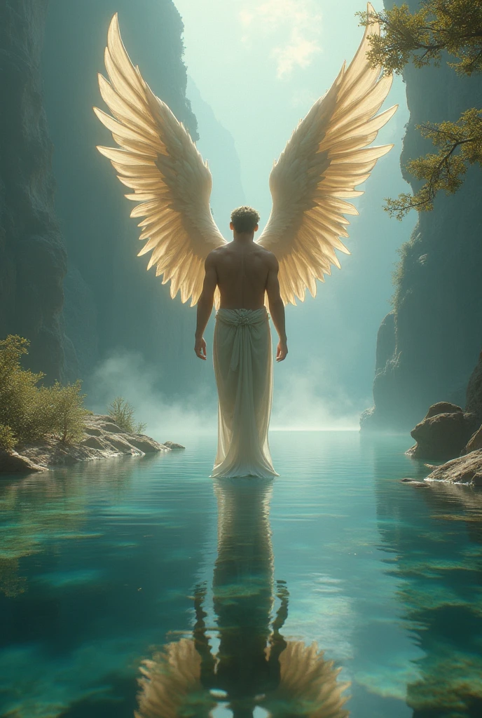 A handsome angel man bathing in a river and being watched by a woman hidden behind a tree