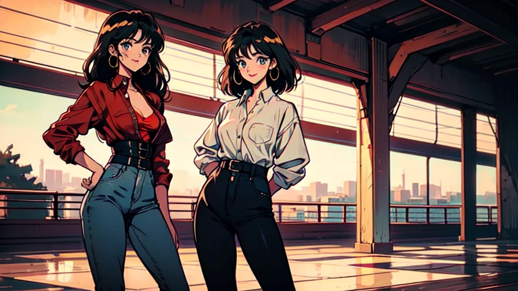 anime key visual, 2 girls, black skin, white skin, soft shading, masterpiece, best quality, toned, Red wooly short dress, collared dress, gothic, night, dark,Cowboy Bebop